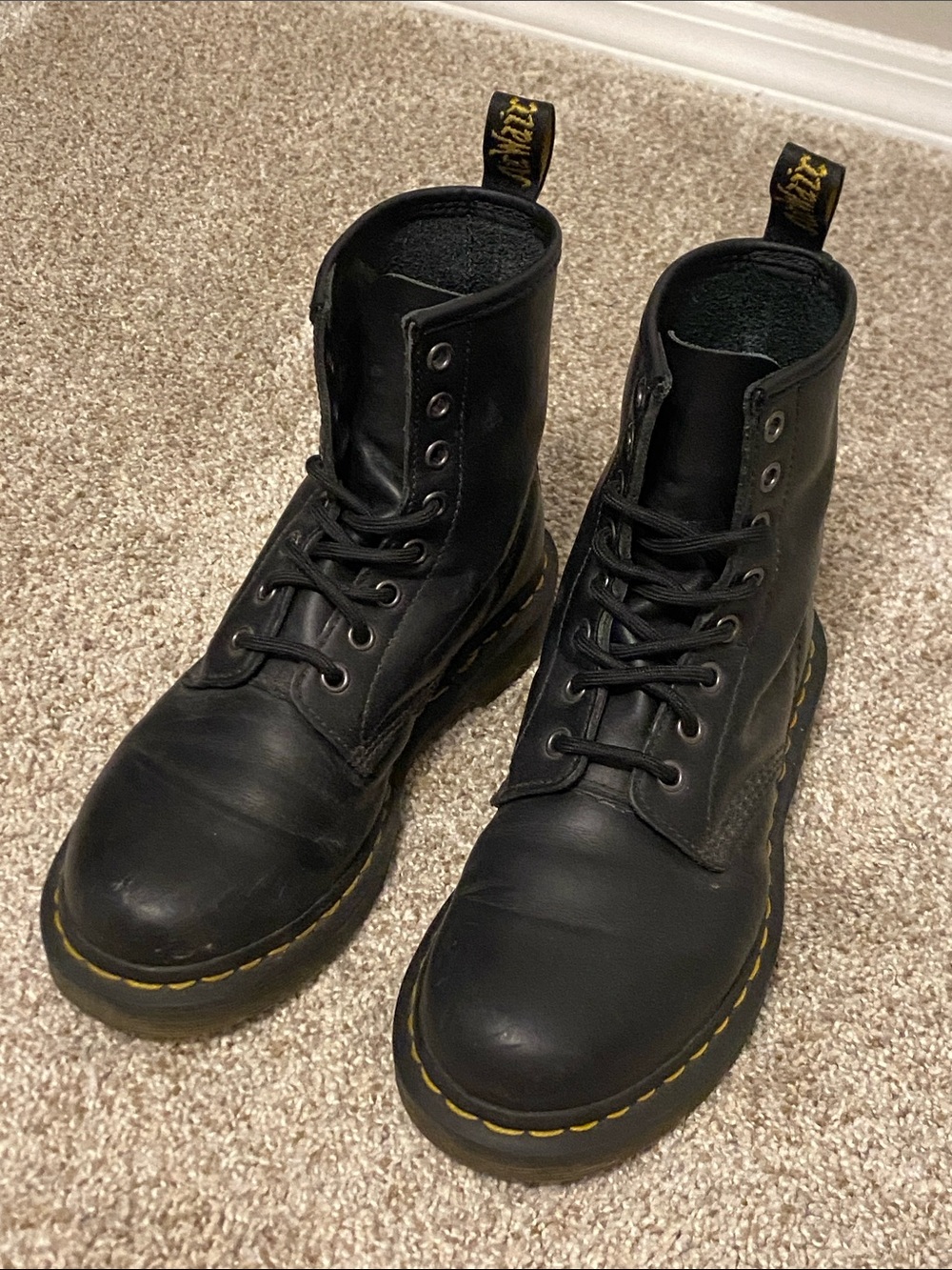 Dr. Martens Black Leatherj 8-Eye Boots with Yellow Stitching